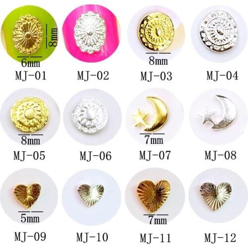 10Pcs/Lot Japan Gold Silver Engraved Heart oval round Moon Metal Alloy Nail Art Deco Nail Stickers/Charms/ Tools for Manicure