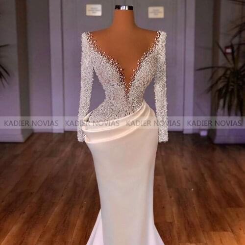 Kadier Novias Long Sleeve White Mermaid Wedding Dresses 2021 Pearls Beading Bridal Gown Sweep Train Vestido de Noiva