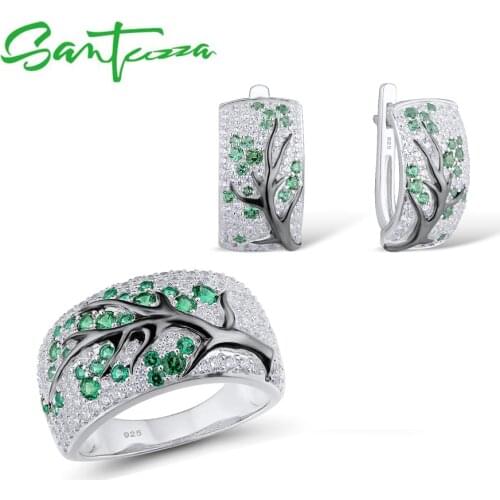 SANTUZZA Silver Jewelry Set for Women Green Branch Cherry Tree Earrings Ring Set 925 Sterling Silver Delicate Fashion Jewelry