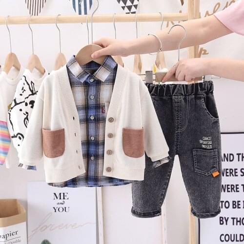 Boys spring and autumn suits baby spring clothes 0-3 years old childrens 3-piece suit Sweater cardigan +checkered shirt + jeans