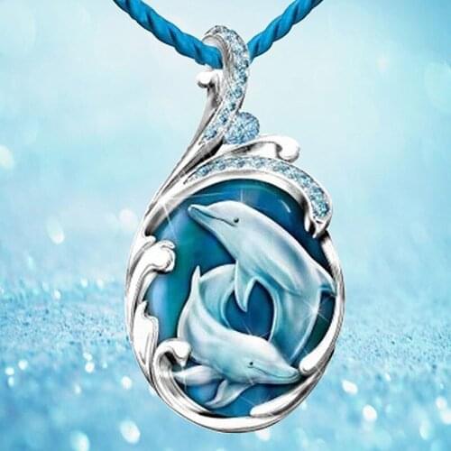 Fashion Crystal Necklace Simple Cute Dolphin Ocean Pendant Blue braided rope Women Necklaces Charm Jewelry Gifts Wholesale