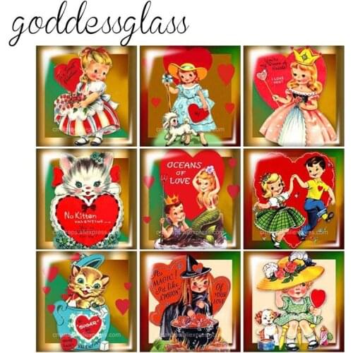 Fashion Love Hearts Girls Cats 12mm/20mm/25mm/30mm Square photo glass cabochon demo flat back Making findings FB0192 wholesale