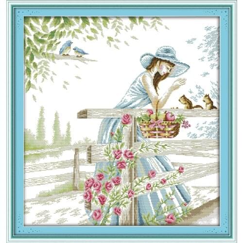 Joy sunday cartoon style The girl with squirrels cross stitch pattern needlepoint kits for home decoration