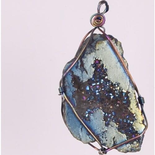 Irregular Rainbow Lucky Wire Wrap Natural Mineral Geode Titanium Quartz Crystal Stone Druzy Beads Pendants Free Shipping