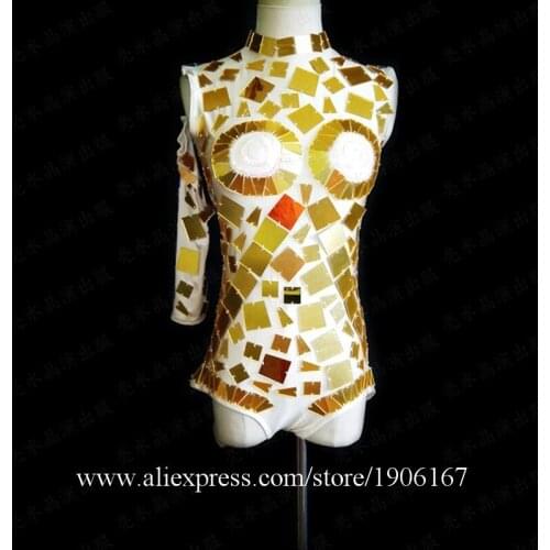 Nightclub Bar DJ Silver Mirror Woman Ballroom Costume Sexy Lady Gold Mirror Party Evening Dress Dance Suit DS Clothes