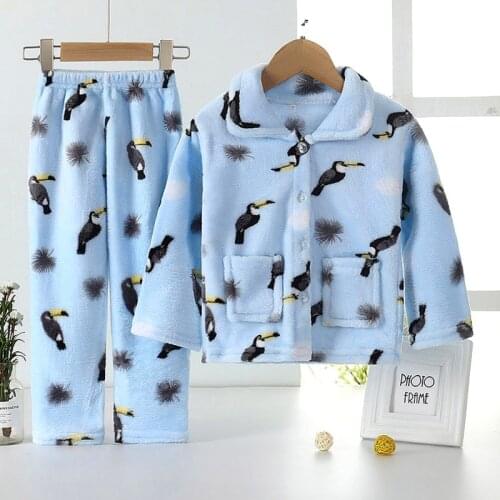 New 2020 Kids Boys Girls Autumn Winter Keep Warm Flannel Pajama Sets Cartoon Print Lapel Tops with Pants Sleeping Clothing Sets