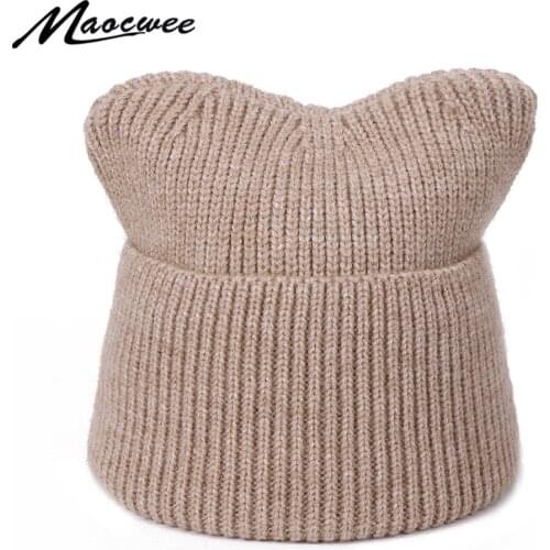 Solid Women Autumn Winter Knitted Hats Cute Kitty Beanie Hat For Women Girls Winter Real Wool Cats Ear Cap Skullies Gorras Hat
