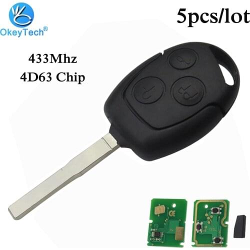 OkeyTech 5pcs/lot 433MHZ 4D63 40 Bits Chip 3 Button HU101 Uncut Blank Blade For Ford Focus 2 3 Mk2 Mk7 Fusion Transit Remote Key
