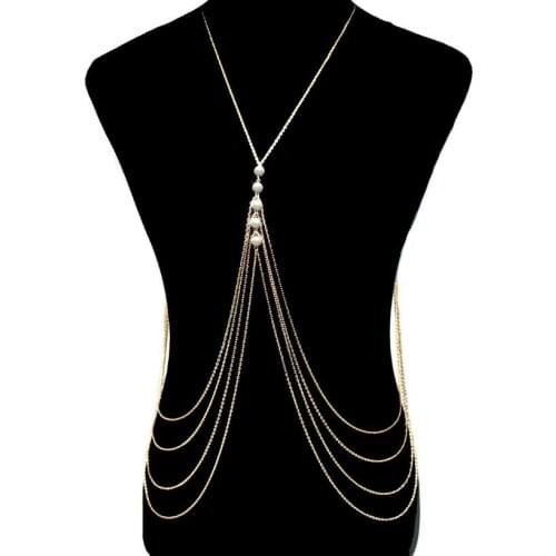 Simple Style Beach/Party Necklace with Belly Body Chain Fashion Sexy Copper Sequins Pearl Body Jewelry for Women