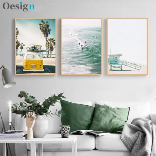 Pôster de praia da califórnia e imagens, decoração nórdica para sala de estar, viagem, ônibus, tela