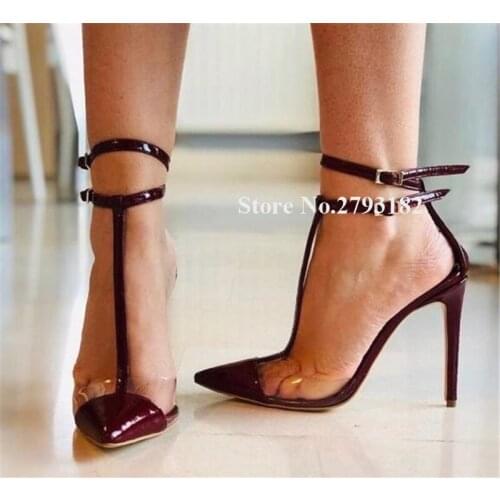 Fashion Designer Pointed Toe PVC Patchwork Patent Leather Wine Red Stiletto Heel Pumps T-strap High Heels Evening Dress Shoes