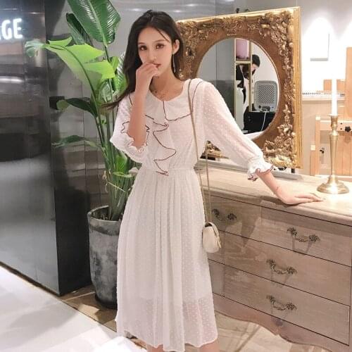 Vintage Chiffon Women Long Dress Ruffles High Waist Female Dress Three Quarter Sleeve Backless See-through Summer Vestidos femme