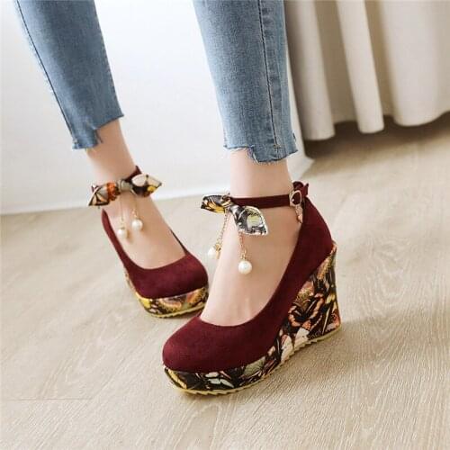 YMECHIC Spring 2020 Fashion Bow Bead Ankle Strap Platform Heels Ladies Shoes Red Black Flock Print Pumps Shoes Woman High Heel