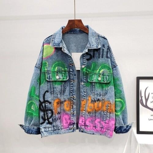 2020 Autumn Oversized Letter Painted Print Frayed Harajuku Washed Denim coat Chaqueta mujer primavera Casual Fashion Jean jacket