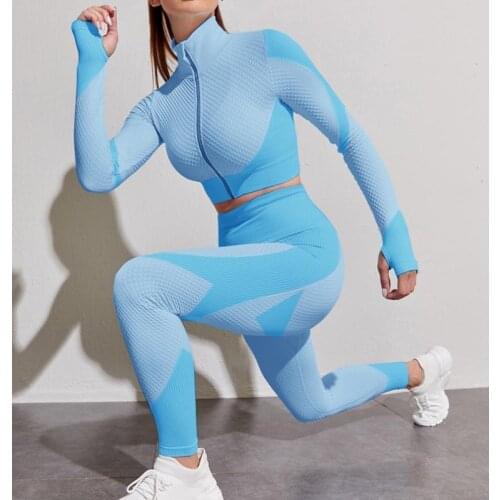 Women Fitness Sport Yoga Suit Long Sleeve Yoga Zipper Top Female Sport Gym Suits Wear Running Clothes Seamless Women Yoga Sets