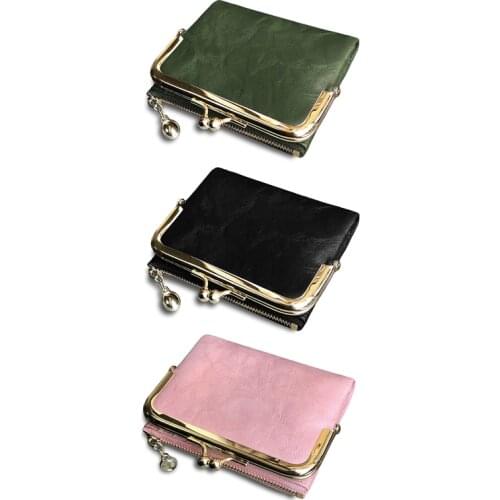 Womens Short Wallet Bifold Retro Multifunction Coin Purse with Zip and Kiss Lock