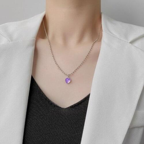 VSnow Sweet Creative Purple Love Heart Pendant Necklace for Women Girls Minimalist Round Bead Chain Metallic Necklace Jewellery