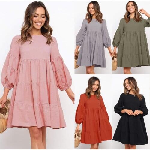 Women Autumn Spring Cotton Linen Ruffles Mini Dress Cotton Linen Casual Loose Solid Patchwork Retro Basic Chic Dress Vestidos
