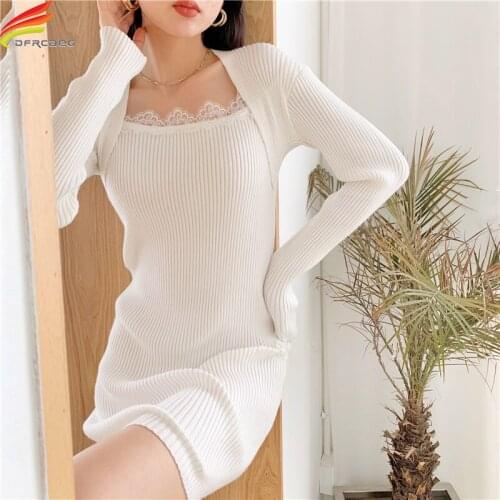New 2021 Spring Sweater Dress Women Rib Knit Long Sleeve Mini Sheath Dresses Lace Collar White Black Vestidos Mujer Hot Sale