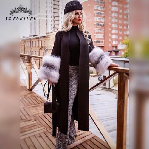 Woman Winter Woolen Long Coat Cross Fox Cuffs For Girls Elegant Loose Slim Cashmere Woolen Coat Warm Wool Belted Outer Garment