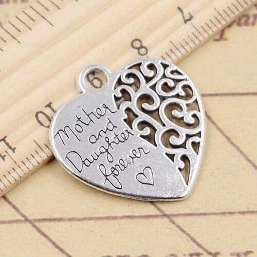 10pcs Charms Heart Mother Daughter Forever 27x28mm Tibetan Silver Color Pendants Antique Jewelry Making DIY Handmade Craft