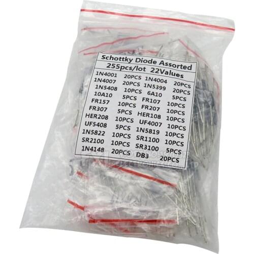 255PCS 1N4001 1N4004 1N4007 1N5408 UF4007 FR307 1N5819 1N5822 6A10 10A10 Fast Switching Rectifier Schottky Diode Assorted Kit