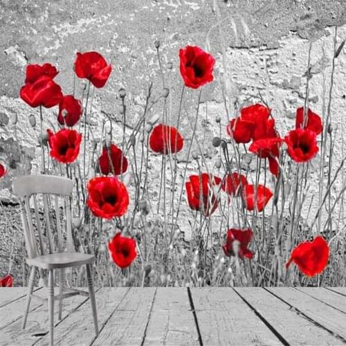 Custom 3D wallpaper mural black and white retro shabby brick wall poppy flower background wall painting decorative wallpaper