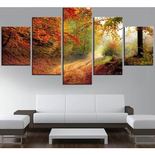 5 Pieces Maple Trees Fallen Yellow Red Leaves Wall Art Oil Canvas Painting Forest Wallpapers Home Romantic Decor Autumn