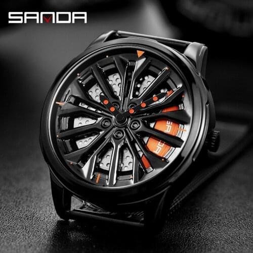 SANDA Creativity Men Sports Car Watches Quartz Waterproof Sport Rim Hub Wheel Wristwatch Car Quartz Mens Rotating Watches