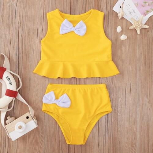 Kids Swimwear For Girls Solid Bow Two Piece Swimsuit Yellow Bathing Beach Swimwear Bikini The Beach Girls Bikini Baby Clothes