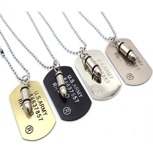 Men Jewelry Army Style Bullet Dog Tag Pendant Man Necklace Silver Color Gold Black 4 Color 24 inch Chain Unique Design Engrave