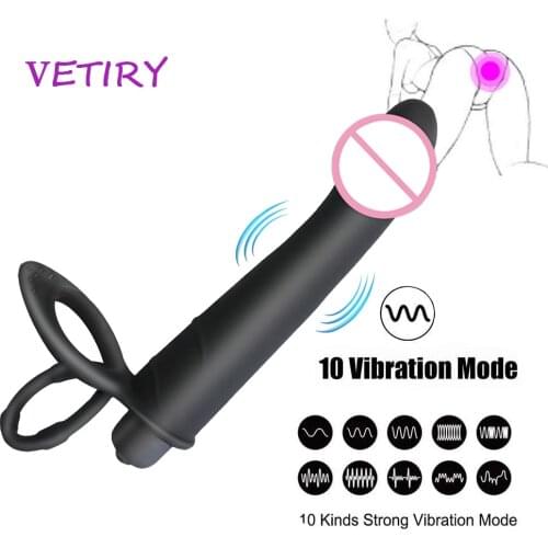 VETIRY Double Penetration Vibrator Strap On Penis Strap-on Dildo Vibrator Silicone Anal Butt Plug for Man 10 Speed Sex Toys