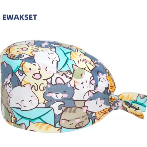 Cat print Surgical Caps 100% Cotton Sweat band women Hat gorro quirofano mujer pet shop Nursing Accessories scrub cap