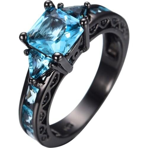 Size 5-11 Classical Jewelry Princess Cut Light Blue Wedding Ring 10KT Black Gold Filled CZ Women Vintage Engagement Rings RB0071