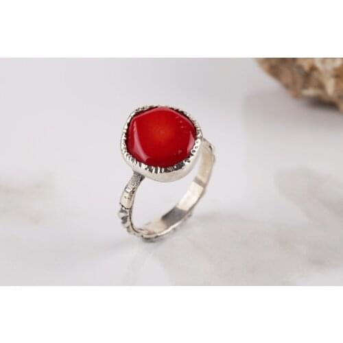 UM US JEWELRY Coral Natural Stone 925 Sterling Silver Women 'S Ring