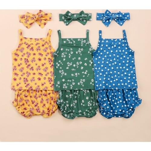 2021 3Pcs Sweet Style Baby Girls Outfit, Summer Floral Printing Sleeveless Suspender Tops + Lace Shorts + Bow Headwear Set