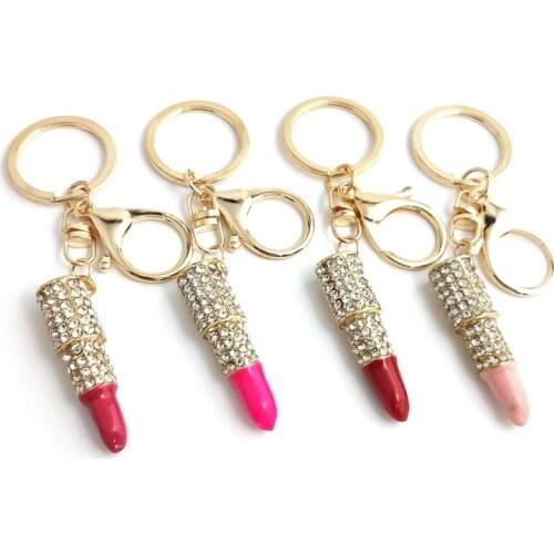 Fashion Metal Full Rhinestone 4 Color Lipstick Red Keychain Bag Pendant Key Chain For Women Girls Gift