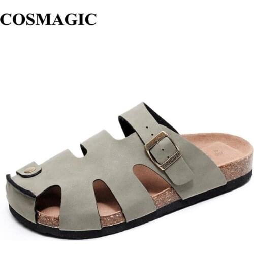 COSMAGIC 2021 Men Beach Buckel Cork Slippers Summer Solid Color Non-slip Outside PU Leather Slide Shoe High Quality