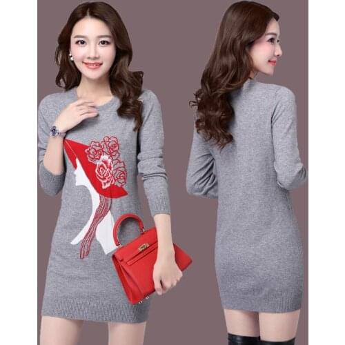 2020 NEW Plus Size 4XL Autumn Winter Dress Casual Long Sweater Womens Pullover Slim Knitted Sweater Korean Print Dress V111