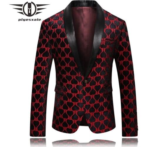 Plyesxale Grooms Wedding Prom Blazer Mens Shawl Collar Blazer Jacket Slim Fit Black Red Male Christmas Blazers Heart Pattern Q46
