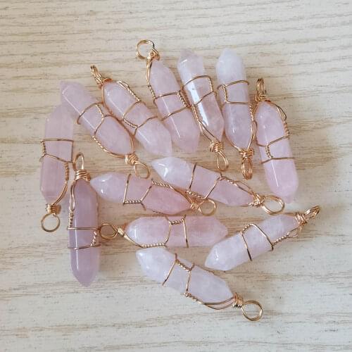 Natural stone pink pillar shape point handmade iron wire pendant Wholesale 12pcs/lot for jewelry making free shipping
