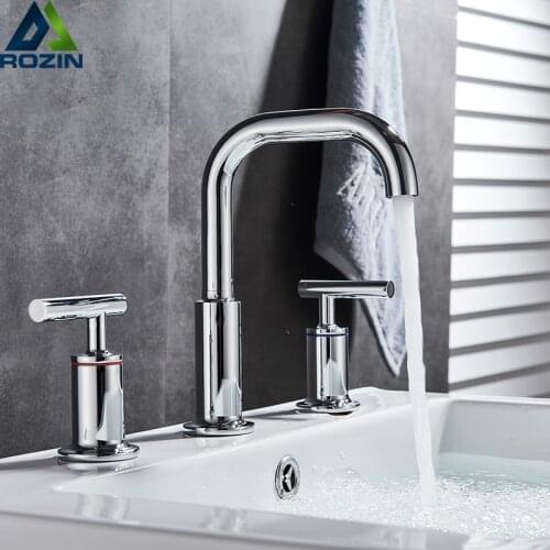 Chrome Deck Mounted Basin Sink Faucet Dual Handle Basin Mixers Widespread 3 Hole Bathroom Side Install Bathtub Faucet Long Spout
