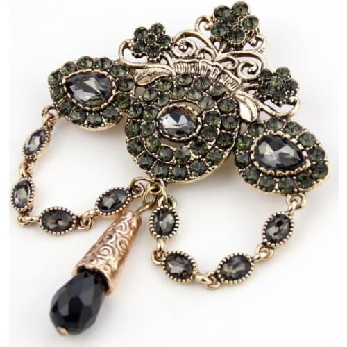 Sunspicems Elegent Grey Crystal Brooch For Women Vintage Morocco Algeria Turkey Wedding Jewelry Flower Hijab Lapel Pins Gift