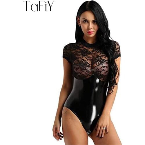 TaFiY Erotic Sexy Latex Bodysuit Net Lingerie Lace Chest Exposing Transparent See Through Catsuit Open Leather Crotch Jumpsuit