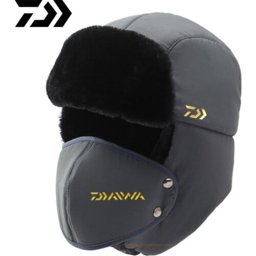 Daiwa Warm Winter Ear Protection Face Hat Mens Faux Fur Bomber Hats With Ear Flap Windproof Mask Cold Snow Hunting Fishing Cap