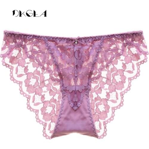 Fashion New Embroidery Lace Underwear Black Sexy Panties Women Plus Size XL L Purple Transparent Briefs Breathable Comfortable