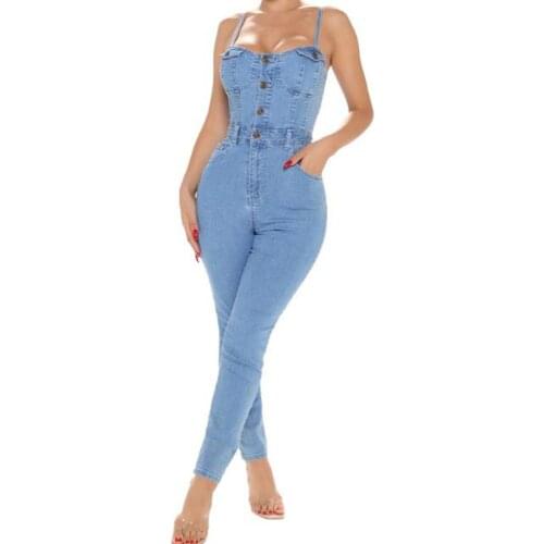 Plus Size Denim Jumpsuit Women Overalls Single-Breasted Buttons Rompers Party Clubwear Sexy Bodycon Jumpsuits Jeans Pants