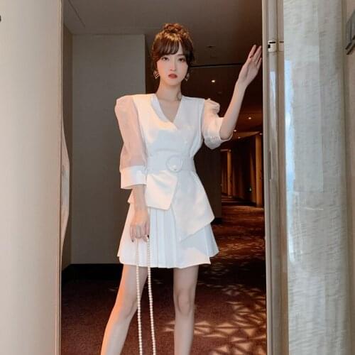 2020 Autumn 2 Piece Set high end Women Suit white belt mesh patchwork Top and Pleated Skirt Office Two Piece Set Elegant Ves