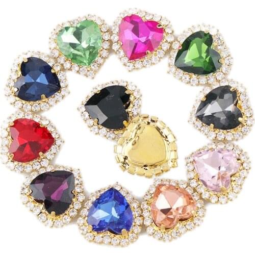 12mm Gold Heart Sew On With Colorful Glass Stone Claw Crystal Buckle Cabochon Base Cameo Setting DIY Jewelry Clothes Charm
