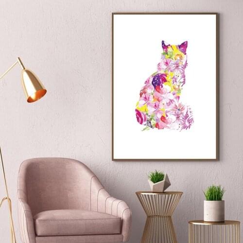 Cat Watercolor Abstract Flower Painting Art Canvas Prints Cats Lover Gifts Nordic Poster Pet Wall Picture Living Room Home Decor
